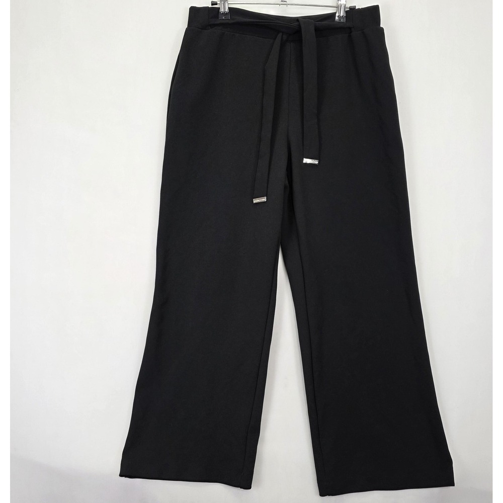 Adrienne Vittadini Pants Women L Black Wide Leg Knit Belted Tie Waist Office